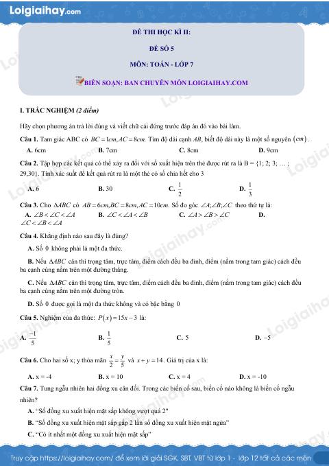 Đề thi học kì 2 Toán 7 - Đề số 5 - Chân trời sáng tạo